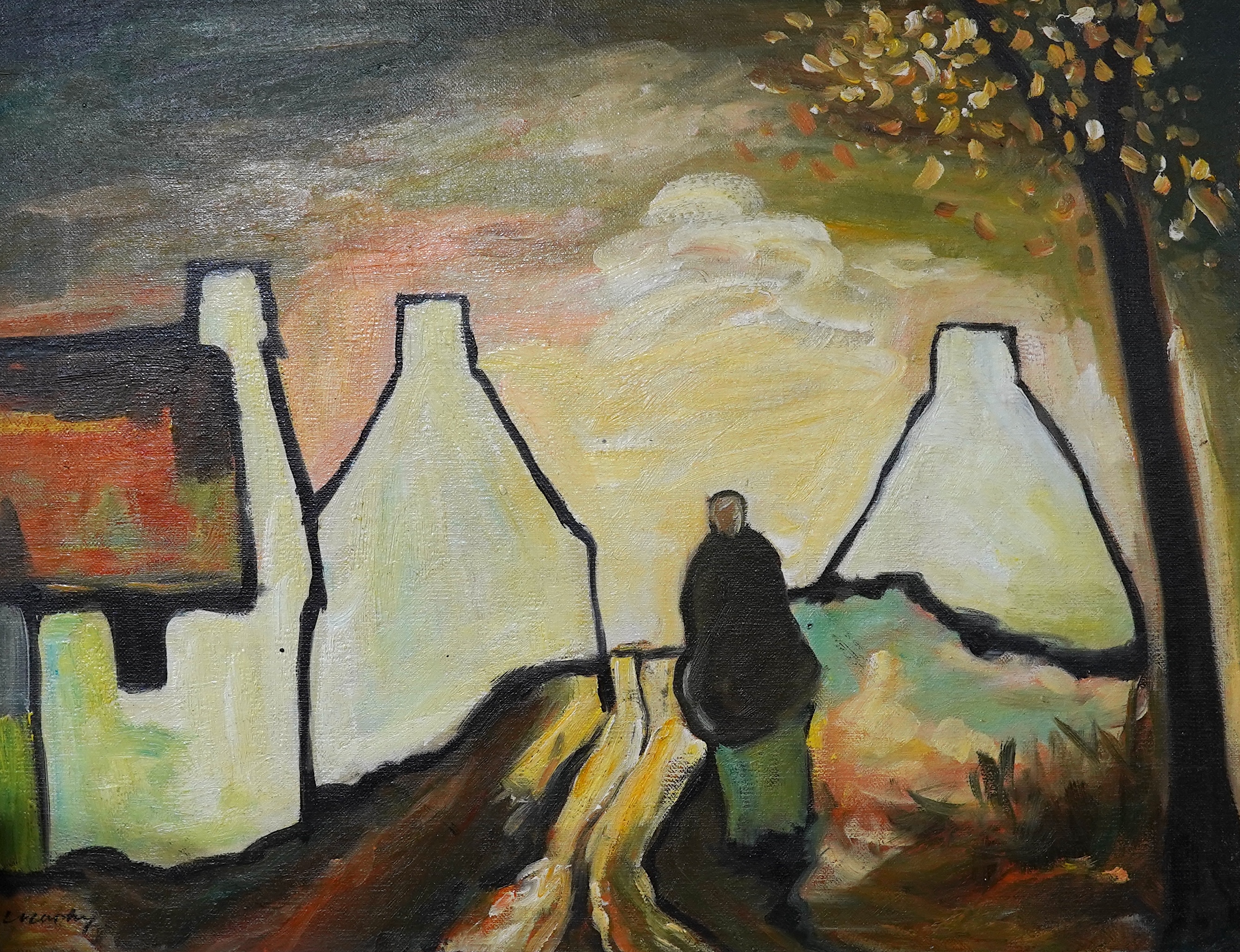 A decorative Irish oil on board, figures before cottages, 34 x 44cm. Condition - good